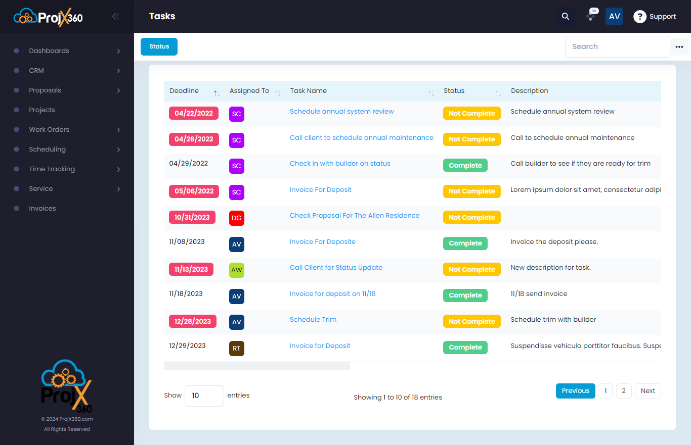 Project Management Customizable Tasks Table